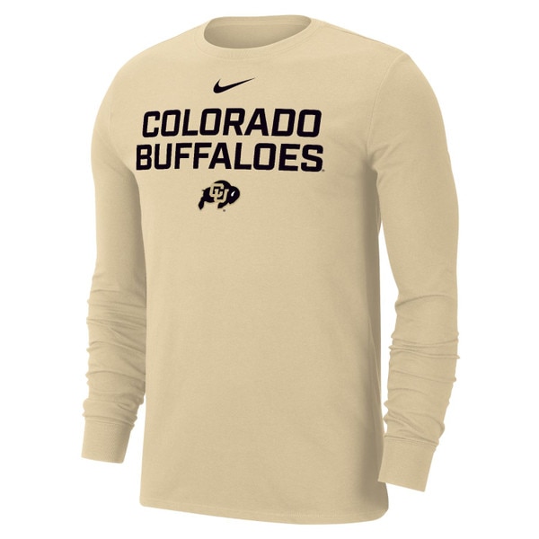 Nike long sleeve shirt in gold with black “Colorado Buffaloes” text and CU Buffaloes logo on chest.